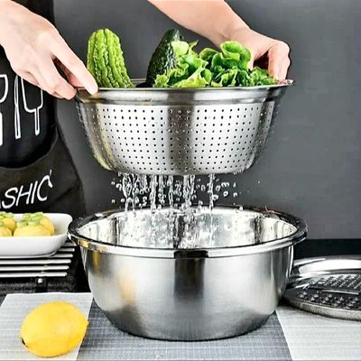 Stainless Steel Drain Basket 3 in 1 Original Chinese Vegetable Cutter Cheese Grater Fruit Rice Food Washing Bowl Strainer Set Salad Bowl_img_1