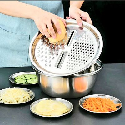 Stainless Steel Drain Basket 3 in 1 Original Chinese Vegetable Cutter Cheese Grater Fruit Rice Food Washing Bowl Strainer Set Salad Bowl_img_3