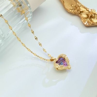 Colorful Ocean Heart Pendant Titanium Steel Necklace Female Korean Version_img_0