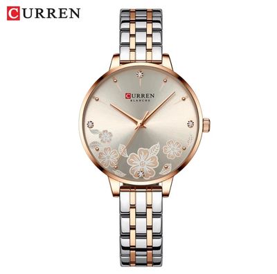 Curren 9068 Ladies Chain Watch- Creamy Silver Floral Dial- Rose Golden Bezel- Rose Golden+Silver Chain- TF Code CR914CF_img_0