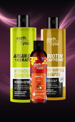 Earth Beauty & You  Argan Oil+ Keratin Hydrasilk Conditioner 350ml ,Argan Oil 100 ml, Biotin Caffeine Anti-Hairfall Shampoo 350ml (COMBO)