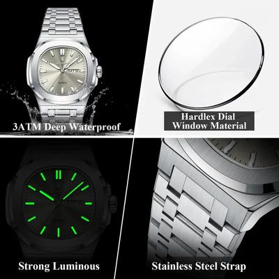 POEDAGAR 853 Luxury Homage Military Man Watch Square Waterproof Luminous Date Week Men Watch Stainless Steel Quartz Men’s Watches Reloj+box_img_2