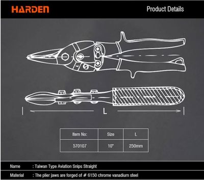 Harden 10" Aviation Snips Taiwan Type Straight Head ( Professional & Industrial ) Chrome Vanadium Straight Aviation Tin Snip 570107_img_5