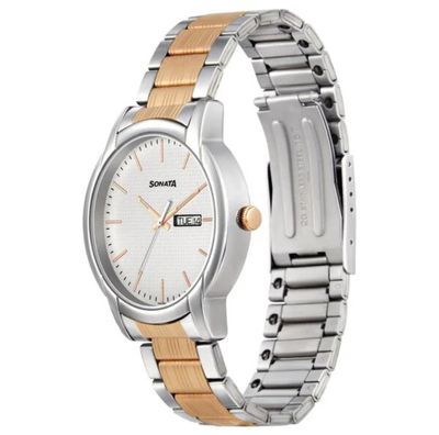Sonata NS77031KM02 Gents Chain Watch- White Dial- Silver Bezel- Silver+Rose Golden Chain- TF Code SNT798CM_img_1