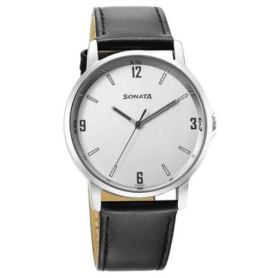 Sonata 77083SL08 Gents Belt Watch- Silver Dial- Black Bezel- Grey Belt- TF Code SNT803BM_img_0