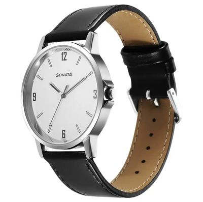 Sonata 77083SL08 Gents Belt Watch- Silver Dial- Black Bezel- Grey Belt- TF Code SNT803BM_img_1