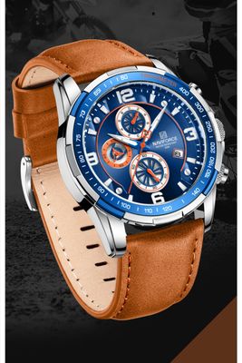 Naviforce 8020 Gents Chronograph Belt Watch- Blue Dial- Blue+Silver Bezel- Orangish Belt- TF Code NF745BM_img_1