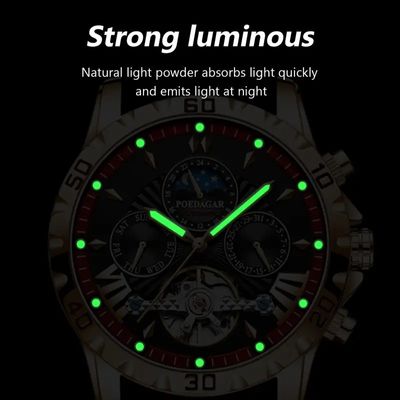POEDAGAR 1410 Luxury Tourbillon Mechanical Watch for Men Waterproof Luminous Date Week Stainless Steel Hollow Watches Men’s Clock_img_2