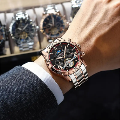 POEDAGAR 1410 Luxury Tourbillon Mechanical Watch for Men Waterproof Luminous Date Week Stainless Steel Hollow Watches Men’s Clock_img_4