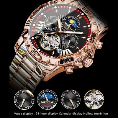 POEDAGAR 1410 Luxury Tourbillon Mechanical Watch for Men Waterproof Luminous Date Week Stainless Steel Hollow Watches Men’s Clock_img_3