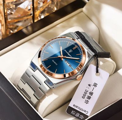 Poedagar 930 Copy Gents Chain Watch- Blue Dial- Rose Golden+Silver Bezel- Silver Chain- TF Code PD909CM_img_0