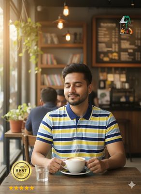 Men's Yellow & Blue Stripe Polo T-Shirt | 100% Cotton Slim Fit | Summer Casual & Formal Wear | Palli_img_0