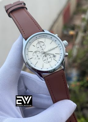 BOSS THREE CHRONO BRON BELT WHITE DIAL SILVER CASE_img_0