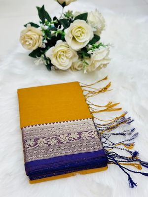 Elegant Mustard Yellow Handloom Saree with Silver Zari Border_img_2