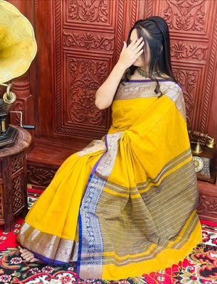 Elegant Mustard Yellow Handloom Saree with Silver Zari Border_img_4