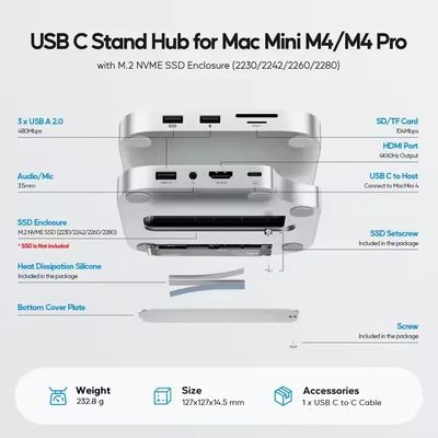 PULWTOP Mac mini M4/M4 Pro Hub Stand Dock with External Storage Upgrade M.2 SSD Enclosure(SSD NOT Included)_img_3