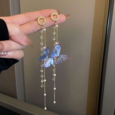 long blue butterfly tassel earrings_img_0
