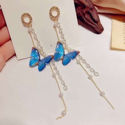 long blue butterfly tassel earrings_img_1