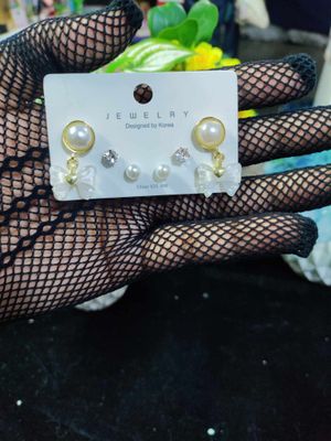 White bowknot faux Pearl earrings set_img_0