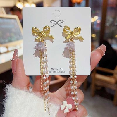 French style long bow pearl tassel earrings_img_1