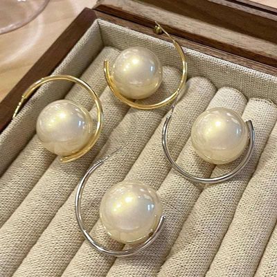 French retro temperament large pearl earrings,Color: Silver and golden_img_0