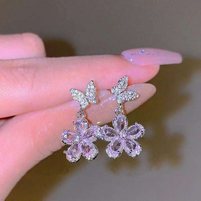 Zircon pink flower butterfly earrings_img_0