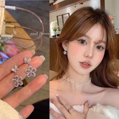 Zircon pink flower butterfly earrings_img_1