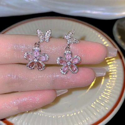 Zircon pink flower butterfly earrings_img_2