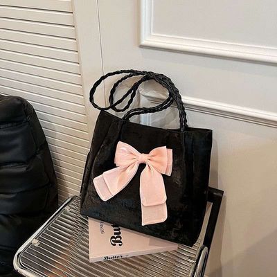 Cute Bownot Shoulder BagMaterial: Canvas FabricClousure: ZipperColor: White, Black, Pink, Ash_img_0