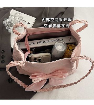 Cute Bownot Shoulder BagMaterial: Canvas FabricClousure: ZipperColor: White, Black, Pink, Ash_img_1