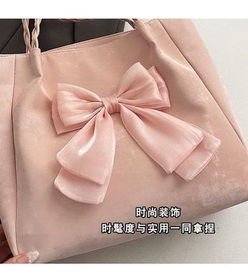 Cute Bownot Shoulder BagMaterial: Canvas FabricClousure: ZipperColor: White, Black, Pink, Ash_img_2