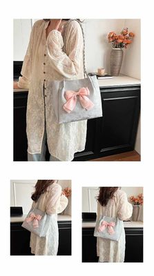 Cute Bownot Shoulder BagMaterial: Canvas FabricClousure: ZipperColor: White, Black, Pink, Ash_img_3