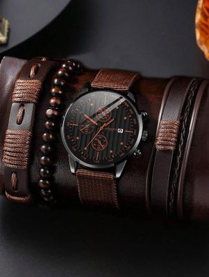 4pcs Watch And Bracelet Set, Men's Casual Quartz Wrist Watch_img_0