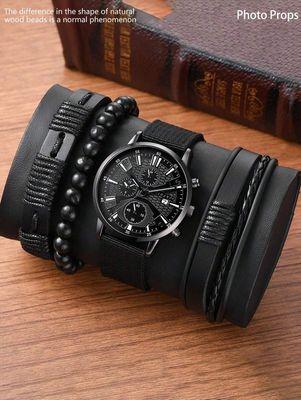 4pcs Watch And Bracelet Set, Men's Casual Quartz Wrist Watch_img_1