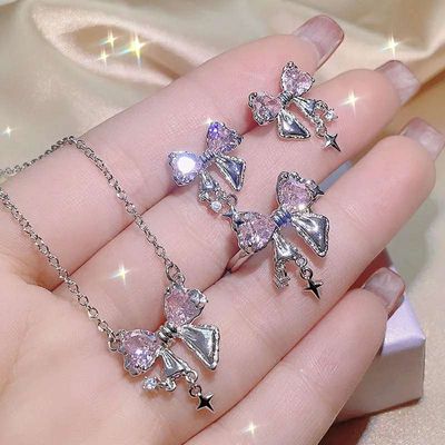 Bowknot pink zircon cross pendent_img_0