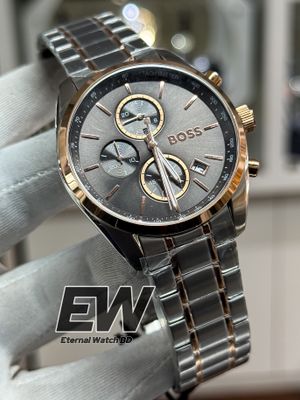 BOSS 1514252 Grand Prix 44 Qtz Fashion Chrono Grey Round Dial Men's Watch|Two Tone Stainless Steel Material|Silver Color Band_img_1