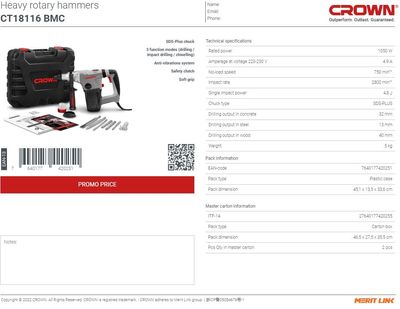 CROWN Professional Heavy Rotary Hammer SDS-Plus, 32mm, 1050W, 4.8J; CT18116_img_5
