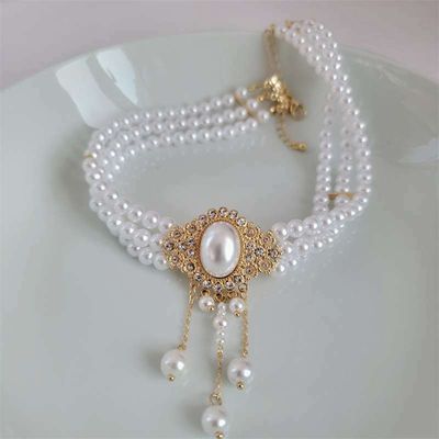 French elegant retro choker oval pearl tassel necklace Available in stock_img_0