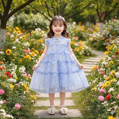 Kids Girls Summer Party Dress – Blue Tie-Dye Ruffle Gown ( 2 to 6 years)_img_0