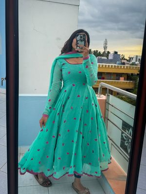 Georgette Gown Set with Butter Silk Salwar & Dupatta – Sizes 38–46 | Long Length 48"_img_4