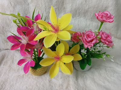 Artificial Little various Flower & Plant In Plastic Pot Combo - 2 7Inc/18Cm For Office, Home, Table Decoration - Home Decoration Item - artificial flower_img_0