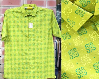 Bright Green Printed Cotton Men Half Shirt | Palli_img_0