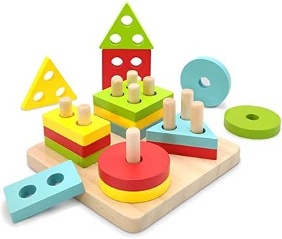 Wooden Stacking Toys & Shape Sorting Board | Geometric Shape Stacker | Eco-Friendly & Non-Toxic Wooden Toy | Early Childhood Development Toys_img_0