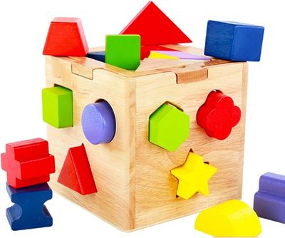 Simple Days Shape Sorting Cube 15 Hole Wooden Shape Matching Intelligence Box_img_1