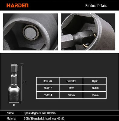 HARDEN 3Pcs Magnetic Nut Drivers Socket ( 8mm | 10mm ) Roofing Socket 45mm Long 550612 | 550614_img_1