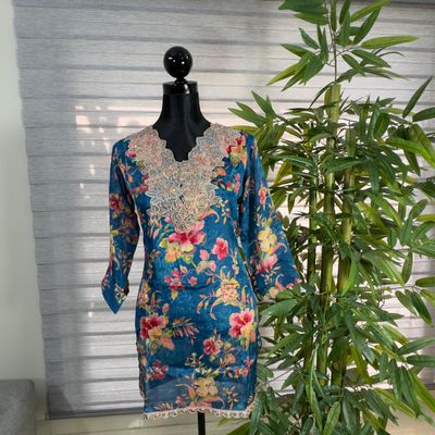 Royal Bloom Navy Blue Embroidered Floral Kurti_img_0