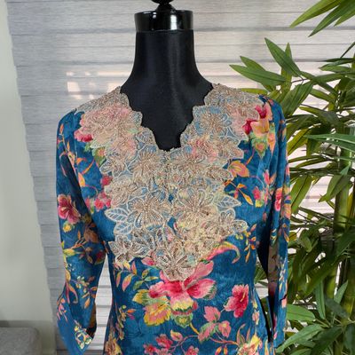 Royal Bloom Navy Blue Embroidered Floral Kurti_img_2