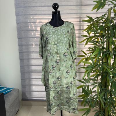 Elegant Sage Green Floral Printed Silk Kurti_img_0