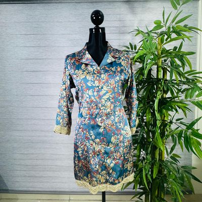 Teal Blue Floral Printed Silk Co-ord Set with Lace Detailing_img_0