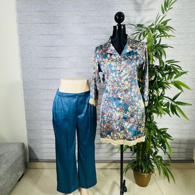Teal Blue Floral Printed Silk Co-ord Set with Lace Detailing_img_1